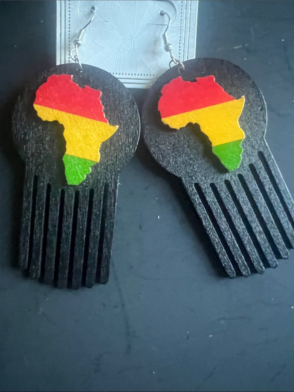 African Map Wooden Hair Pick Earrings in Red, Yellow, Green